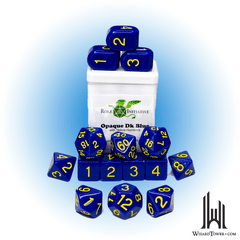 SET OF 15 DICE: OPAQUE DARK BLUE/YELLOW